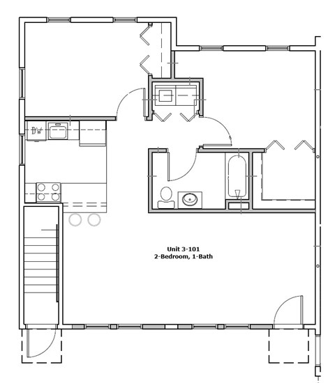 Floor plan for 2 beds, 1 bath, 887 sqft